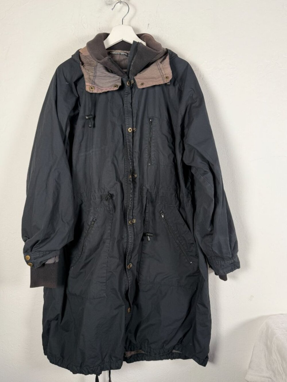 Gudrun Sjoden Womens Black Organic Cotton Hooded Parka Coat Plaid Trim XXL